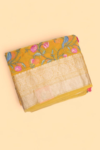 Organza Floral Embroidery Mustard Yellow Saree