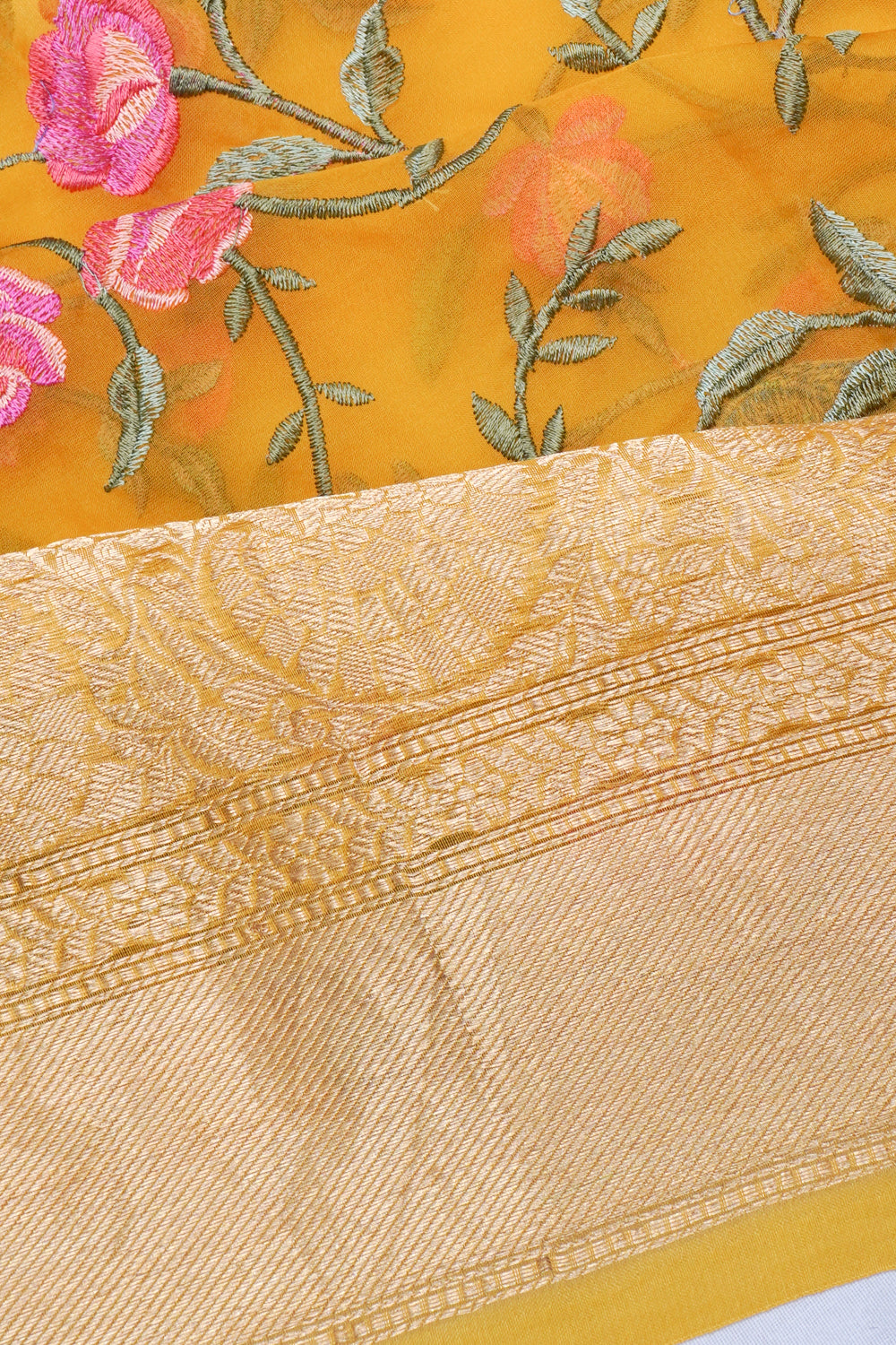 Organza Floral Embroidery Mustard Yellow Saree