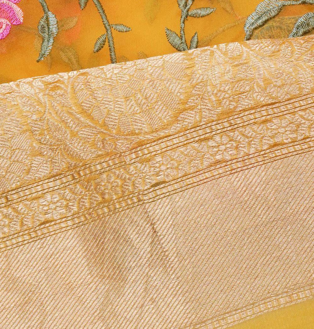 Organza Floral Embroidery Mustard Yellow Saree