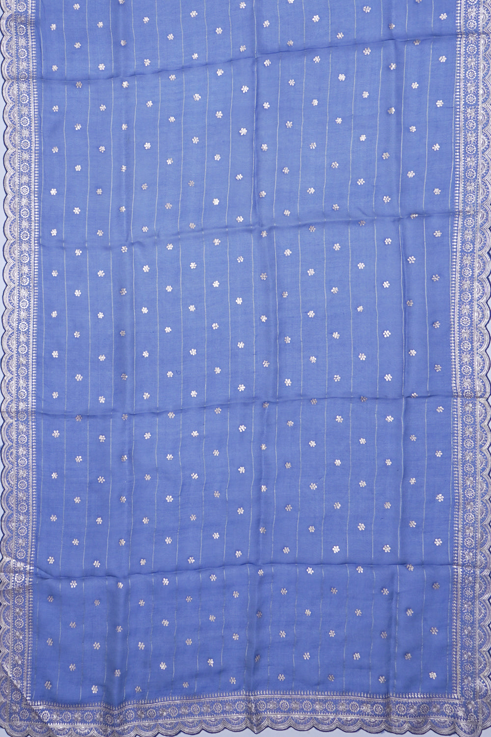 Organza Horizontal Lines And Butta Dark Blue Saree With Scallop Border