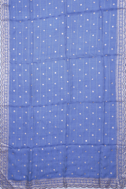 Organza Horizontal Lines And Butta Dark Blue Saree With Scallop Border