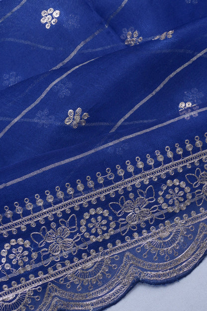 Organza Horizontal Lines And Butta Dark Blue Saree With Scallop Border