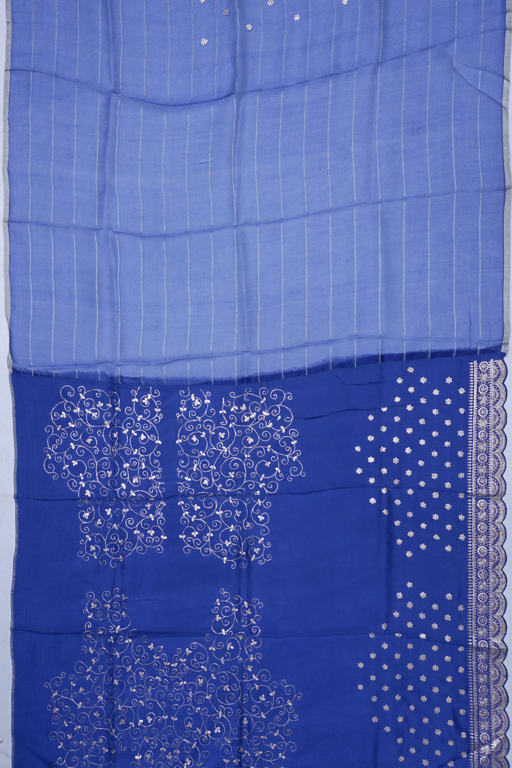 Organza Horizontal Lines And Butta Dark Blue Saree With Scallop Border