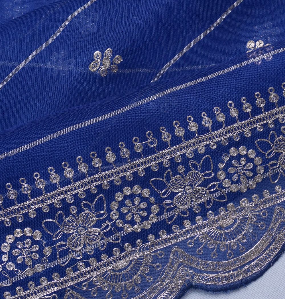 Organza Horizontal Lines And Butta Dark Blue Saree With Scallop Border