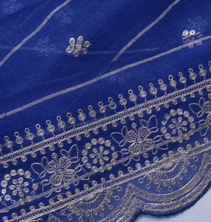 Organza Horizontal Lines And Butta Dark Blue Saree With Scallop Border