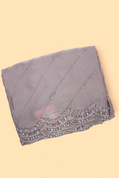 Organza Diagonal Lines Grey Saree With Scallop Border