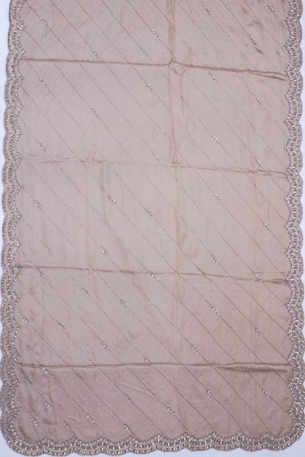 Organza Diagonal Lines Grey Saree With Scallop Border