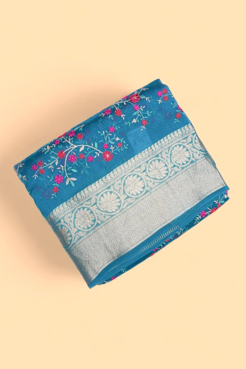 Organza Floral Embroidery Blue Saree