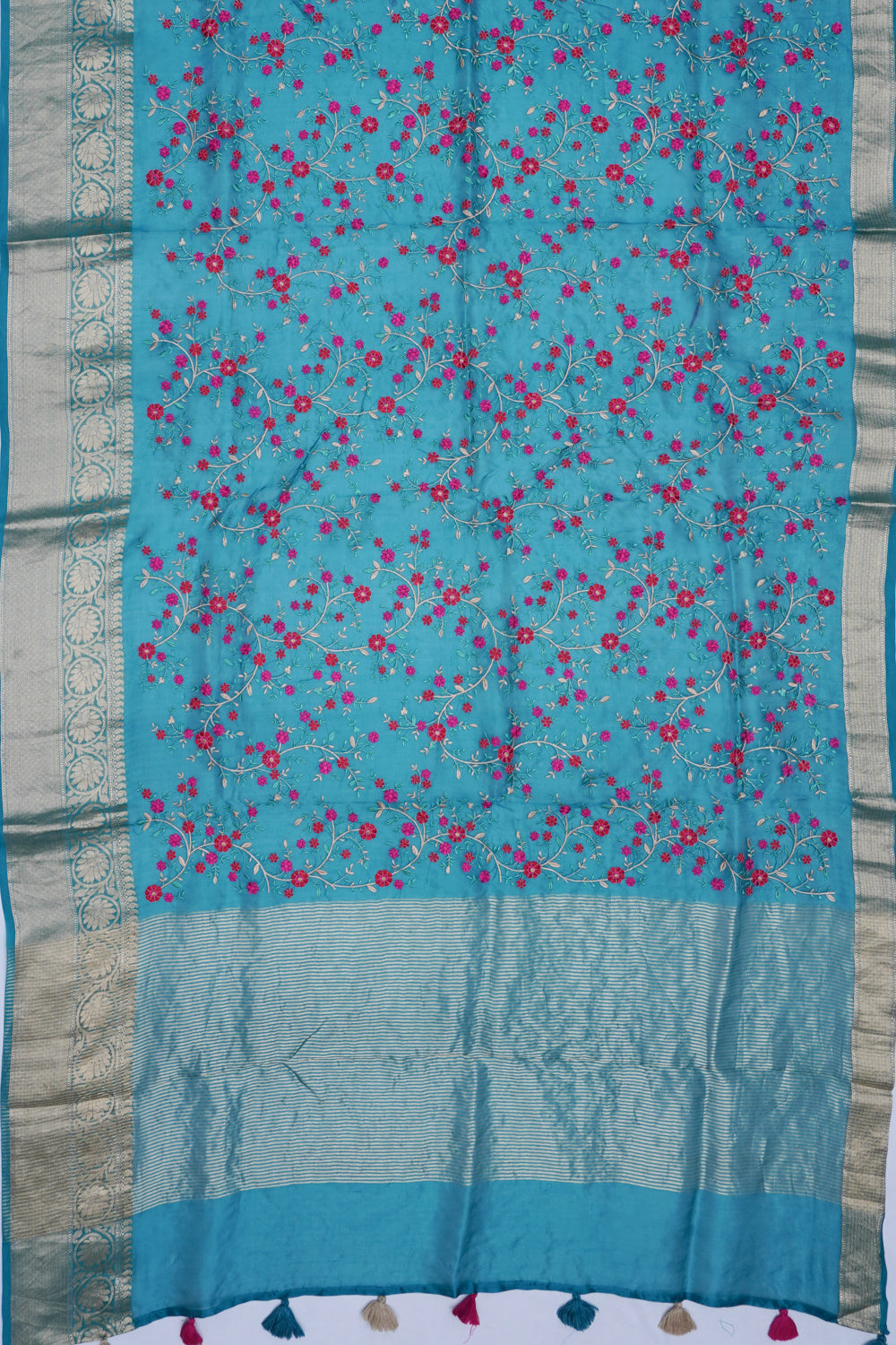 Organza Floral Embroidery Blue Saree