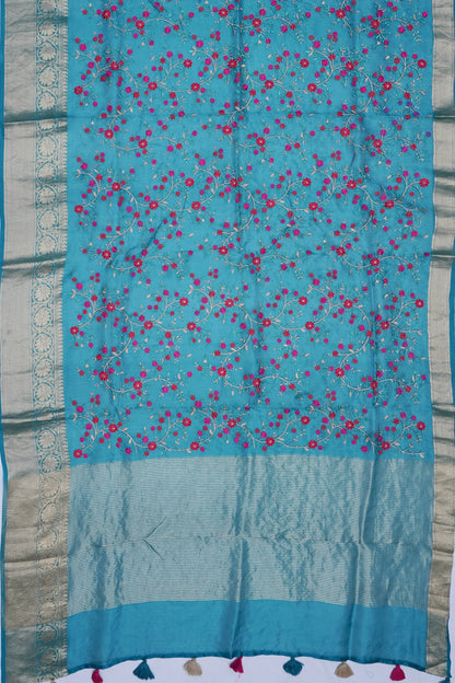 Organza Floral Embroidery Blue Saree