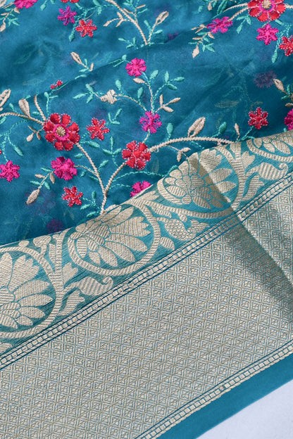Organza Floral Embroidery Blue Saree