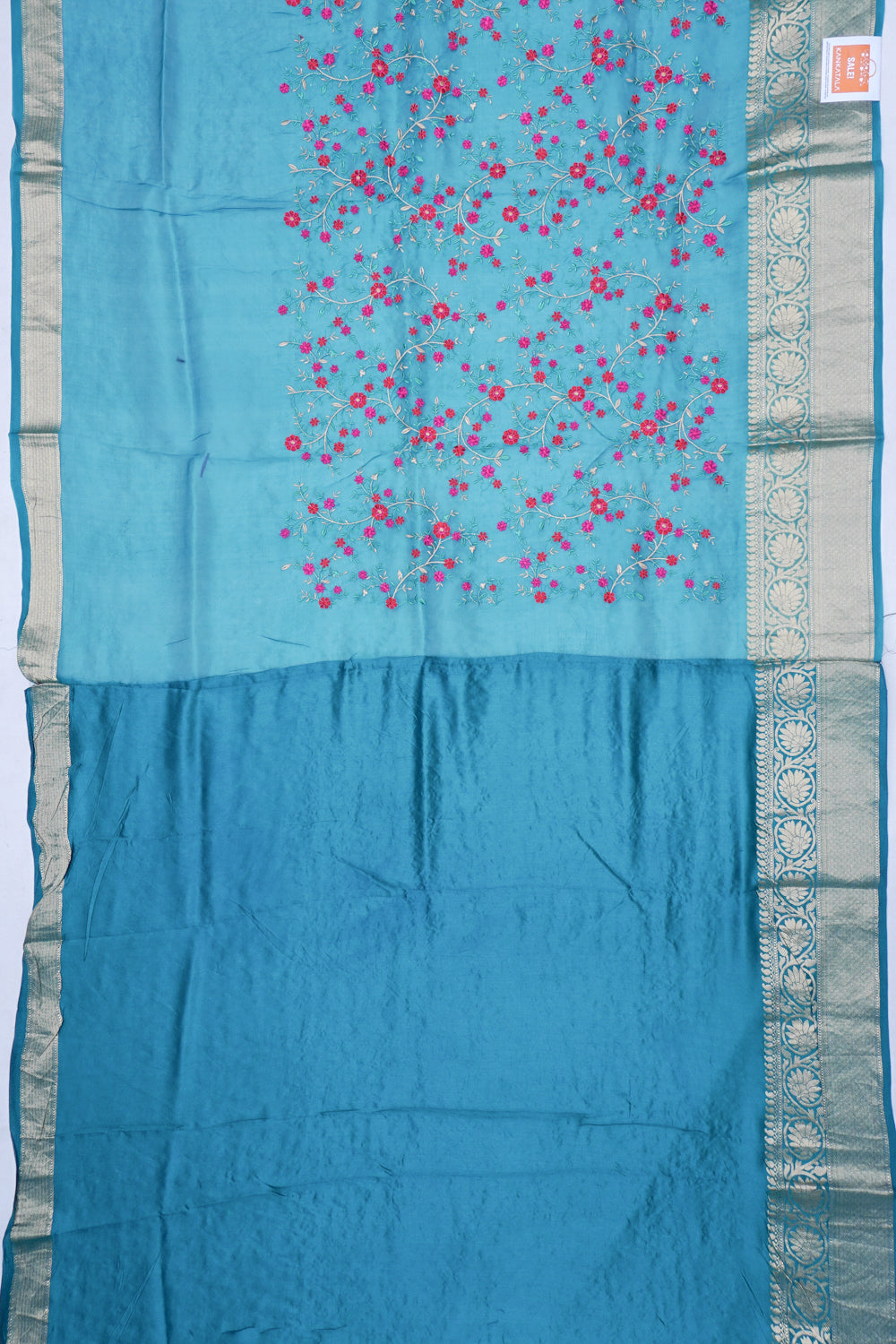 Organza Floral Embroidery Blue Saree