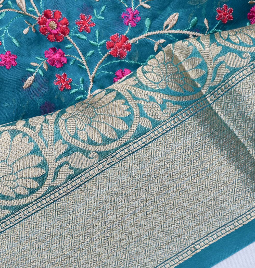 Organza Floral Embroidery Blue Saree