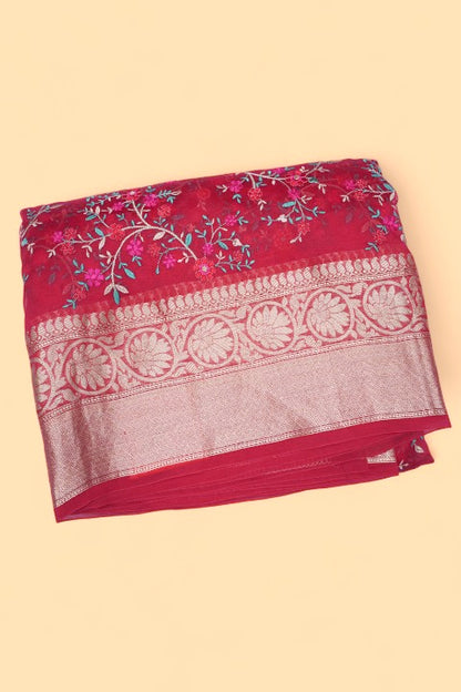 Organza Floral Embroidery Rani Pink Saree