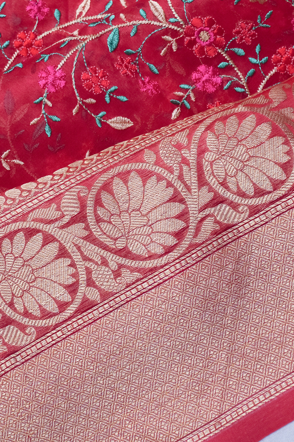 Organza Floral Embroidery Rani Pink Saree