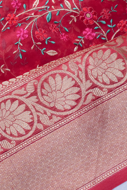 Organza Floral Embroidery Rani Pink Saree