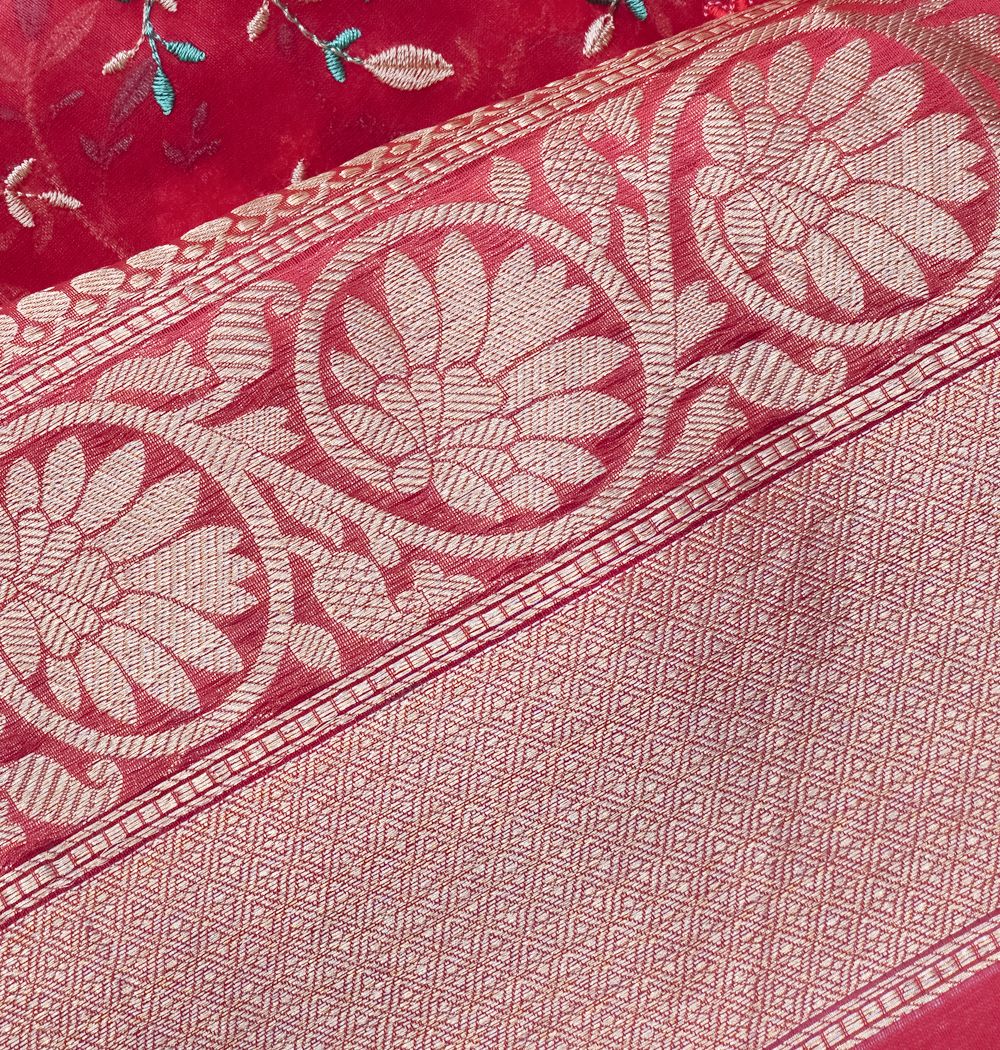 Organza Floral Embroidery Rani Pink Saree