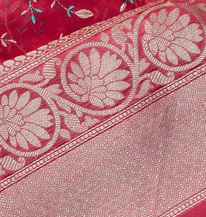 Organza Floral Embroidery Rani Pink Saree