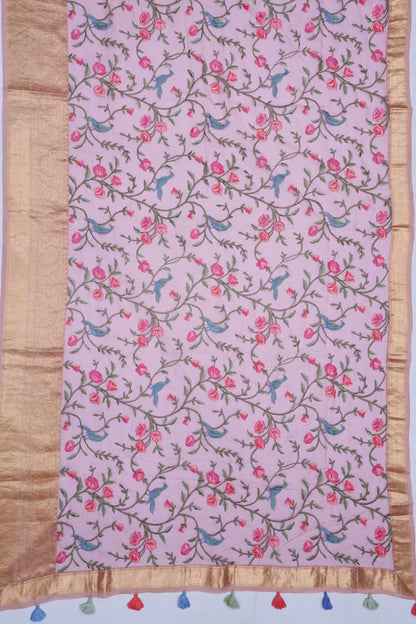Organza Floral Embroidery Pink Saree