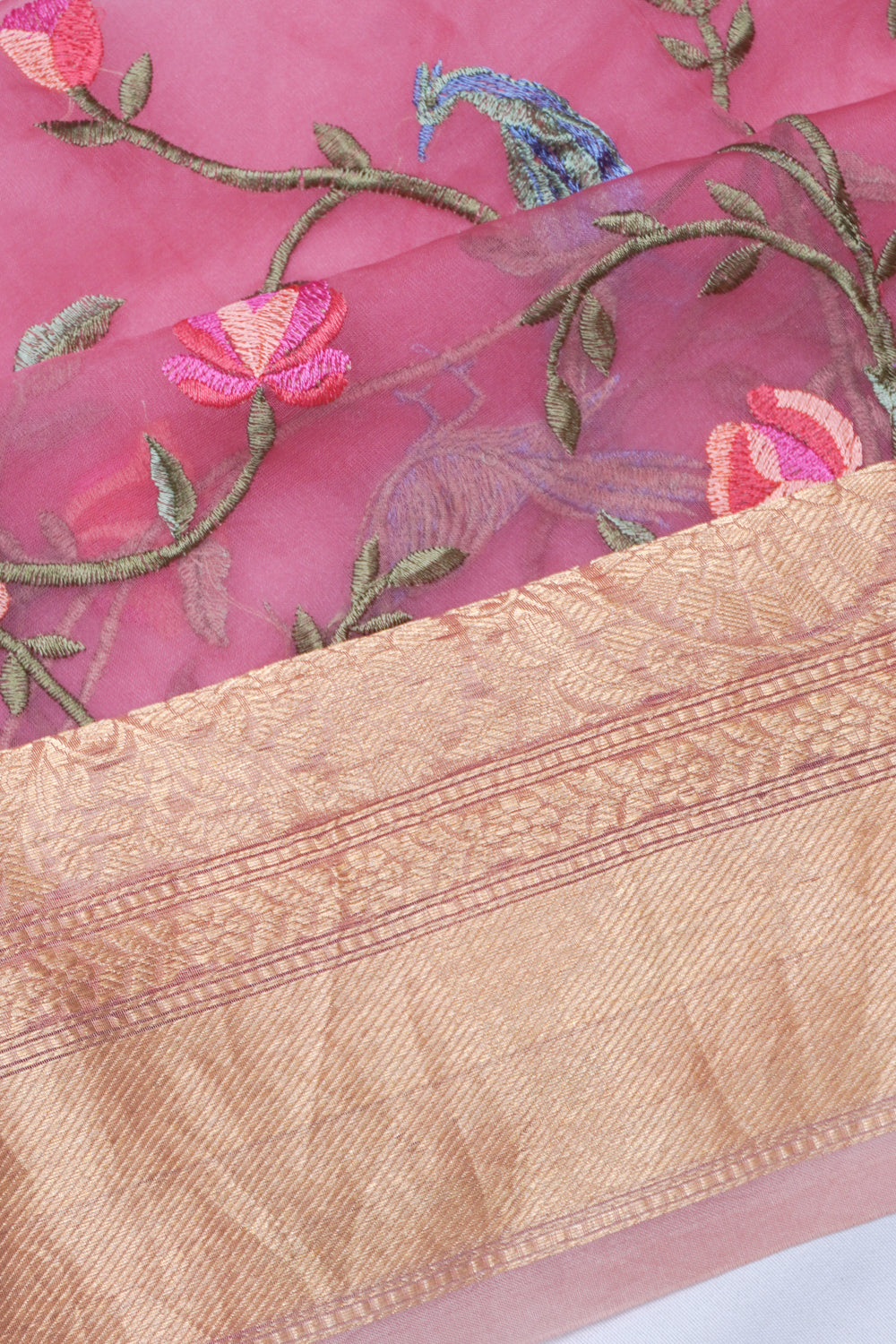 Organza Floral Embroidery Pink Saree