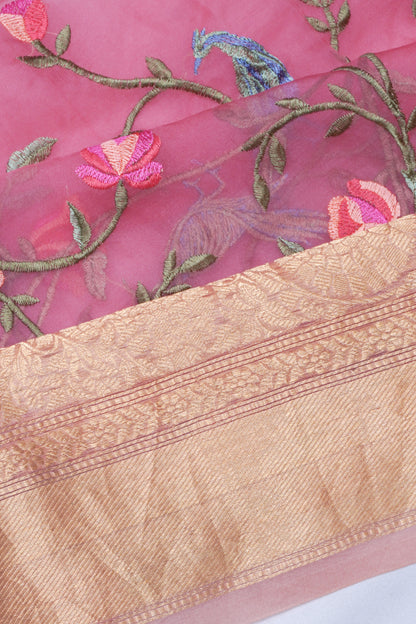 Organza Floral Embroidery Pink Saree