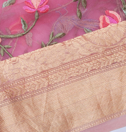 Organza Floral Embroidery Pink Saree
