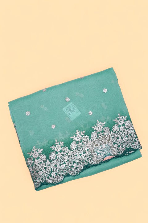 Organza Embroidery Butta Green Saree WIth Scallop Border