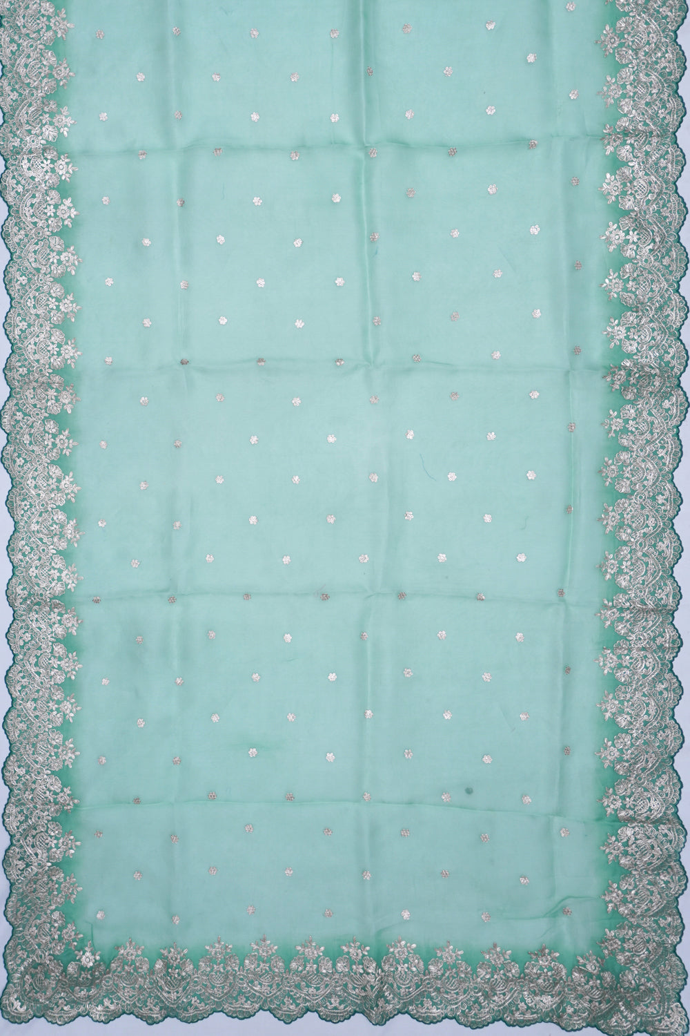 Organza Embroidery Butta Green Saree WIth Scallop Border