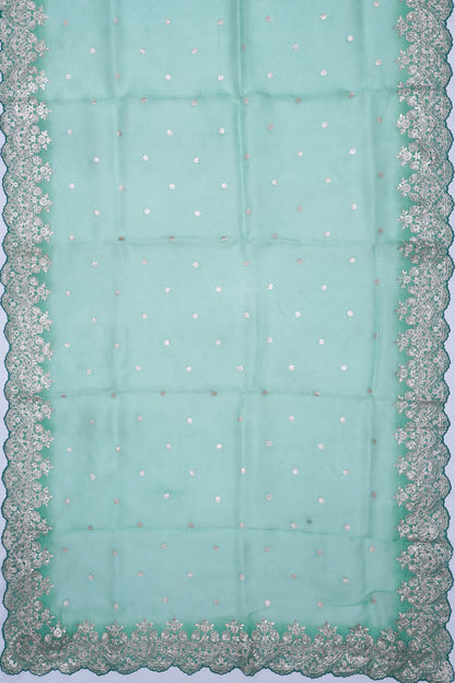 Organza Embroidery Butta Green Saree WIth Scallop Border