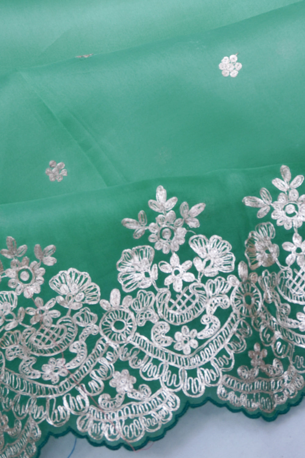 Organza Embroidery Butta Green Saree WIth Scallop Border