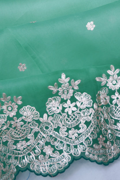 Organza Embroidery Butta Green Saree WIth Scallop Border