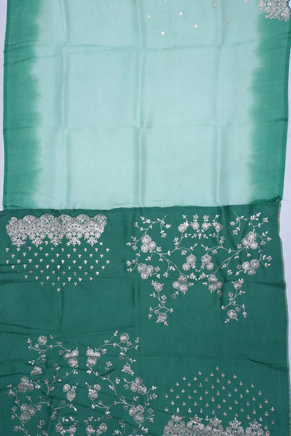 Organza Embroidery Butta Green Saree WIth Scallop Border