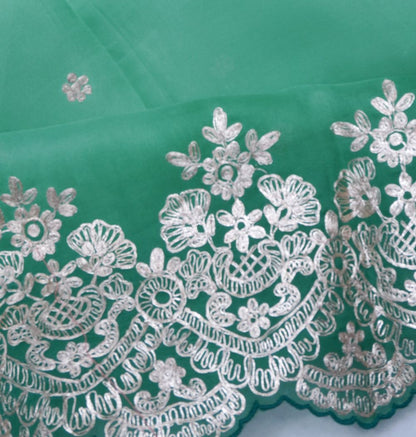 Organza Embroidery Butta Green Saree WIth Scallop Border