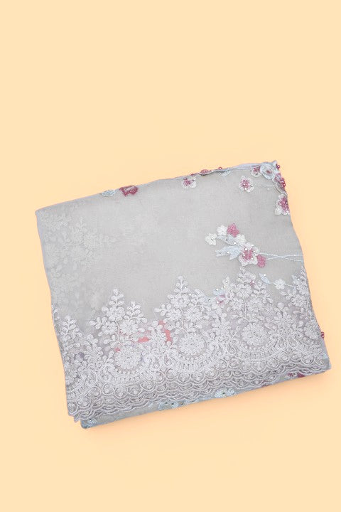 Organza Embroidery Butta Off White Saree With Scallop Border