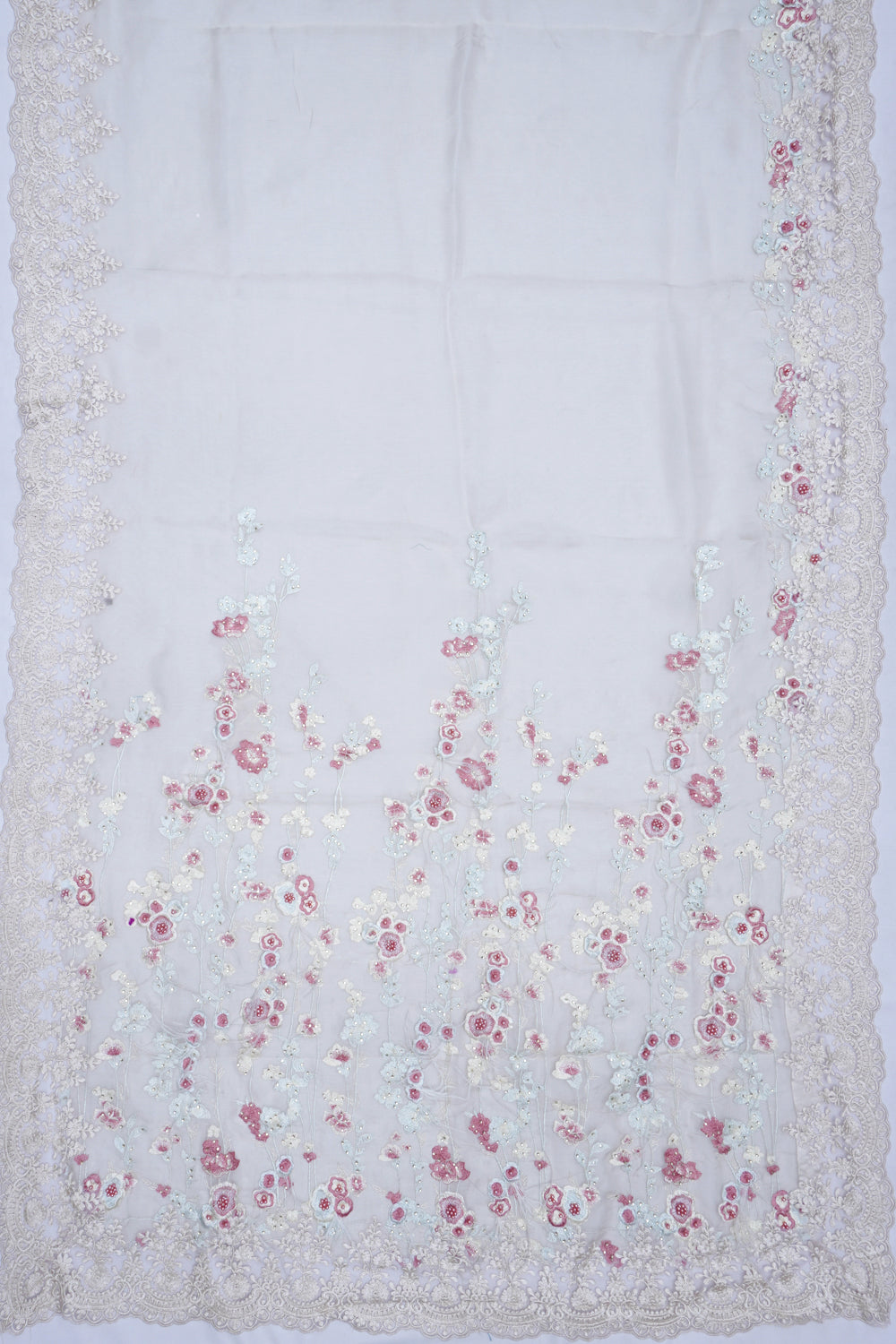 Organza Embroidery Butta Off White Saree With Scallop Border