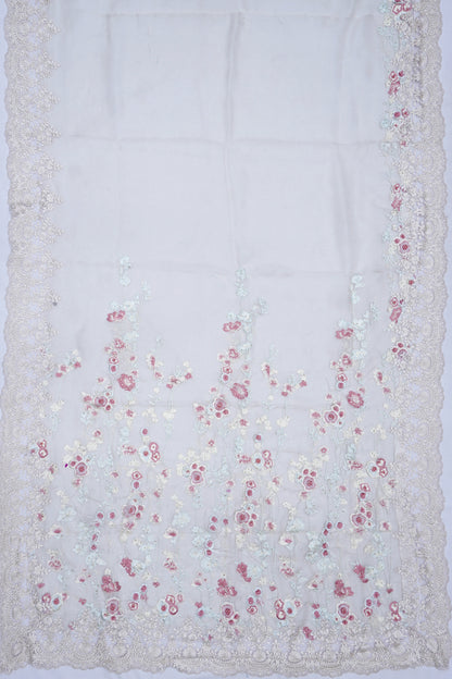 Organza Embroidery Butta Off White Saree With Scallop Border