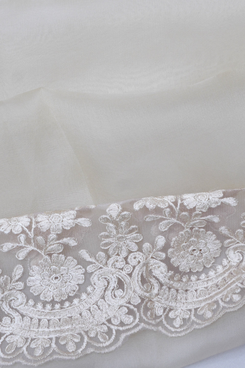 Organza Embroidery Butta Off White Saree With Scallop Border