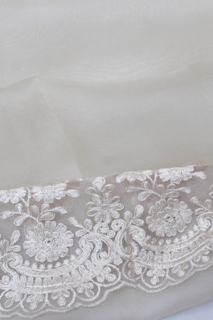 Organza Embroidery Butta Off White Saree With Scallop Border