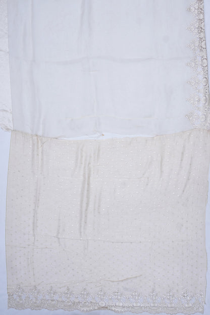 Organza Embroidery Butta Off White Saree With Scallop Border