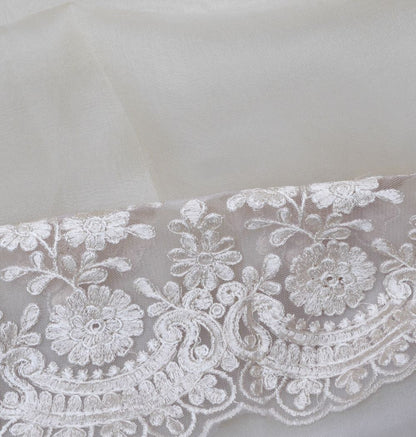Organza Embroidery Butta Off White Saree With Scallop Border