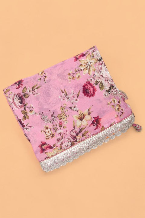 Georgette Silk Floral Printed Pink Saree