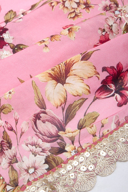Georgette Silk Floral Printed Pink Saree