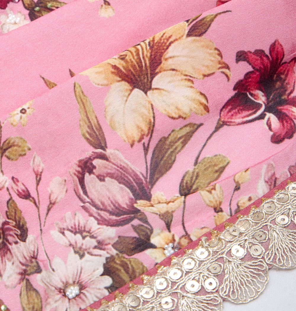 Georgette Silk Floral Printed Pink Saree