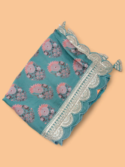 Satin Floral Printed Blue Saree