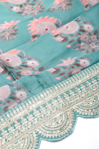 Satin Floral Printed Blue Saree