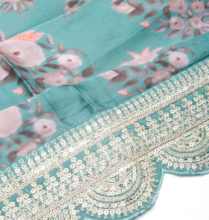 Satin Floral Printed Blue Saree