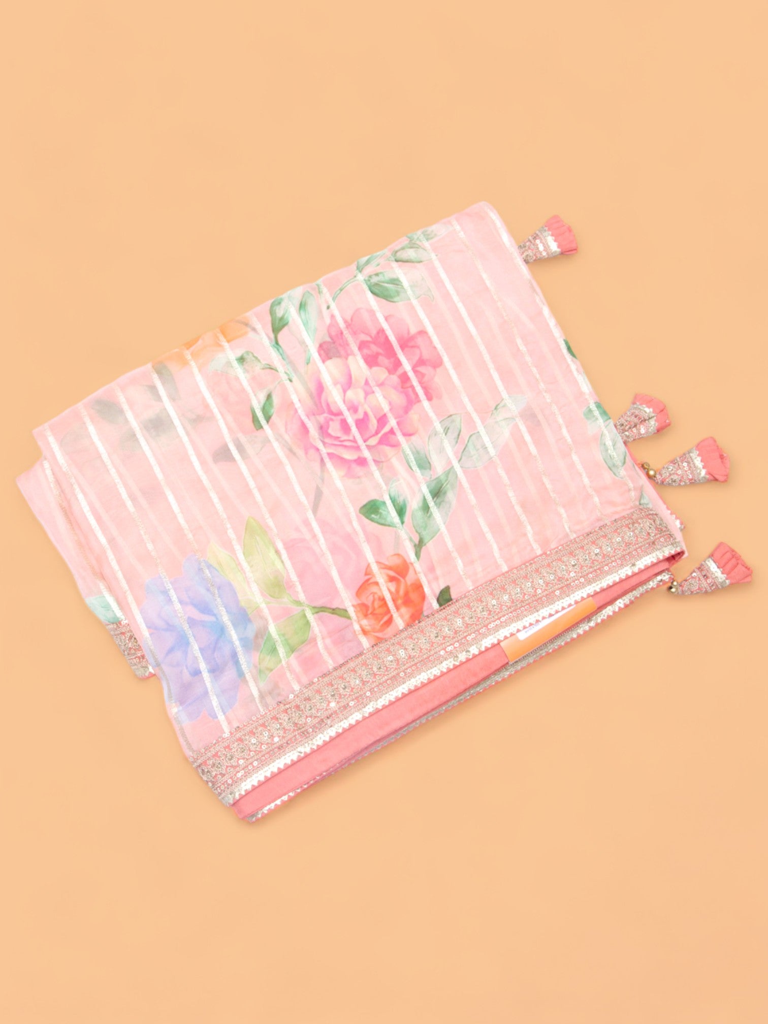 Organza Floral Printed And Lines Peach Saree