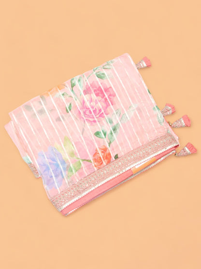 Soft Silk Floral Embroidery Baby Pink Saree With Semi Stitched Blouse