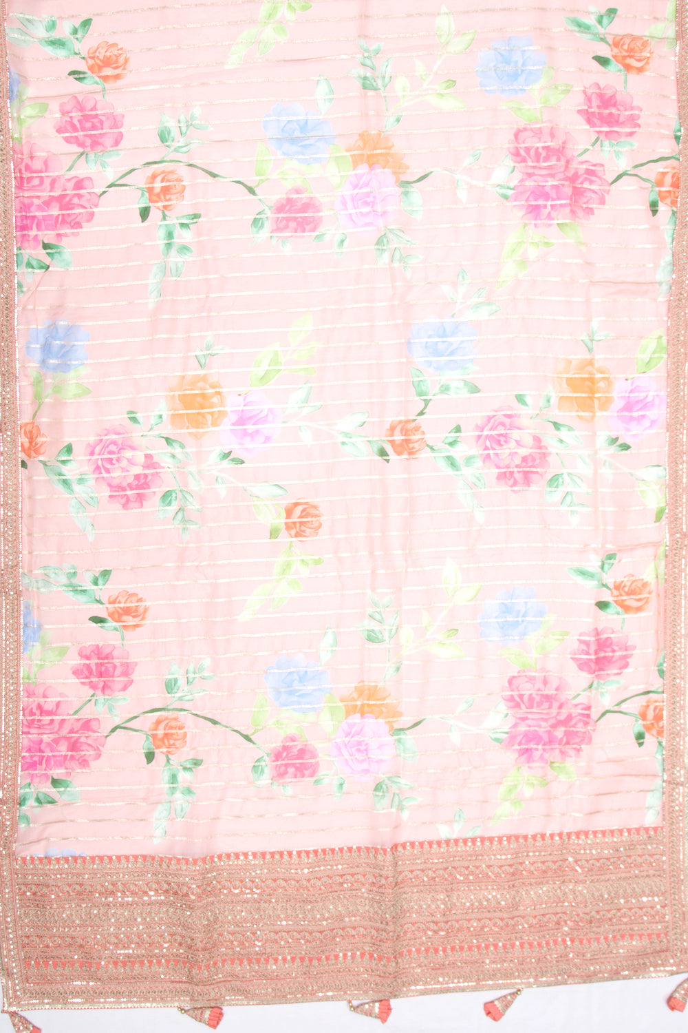 Organza Floral Printed And Lines Peach Saree
