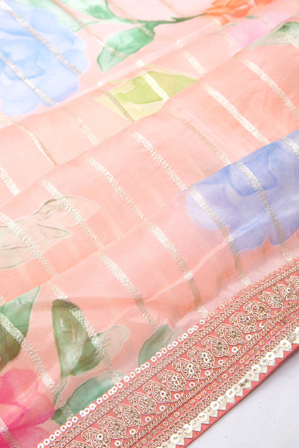 Organza Floral Printed And Lines Peach Saree